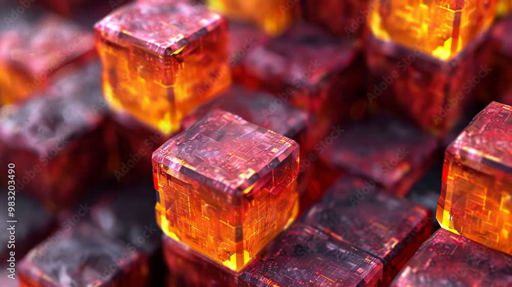 Poster a collection of vividly colored cubes in shades of red and orange is stacked closely together, creat