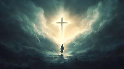 A silhouette before a glowing cross in a dramatic sky representing hope and resurrection at dawn