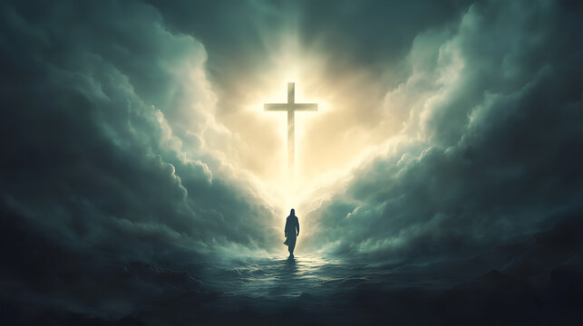 A silhouette before a glowing cross in a dramatic sky representing hope and resurrection at dawn