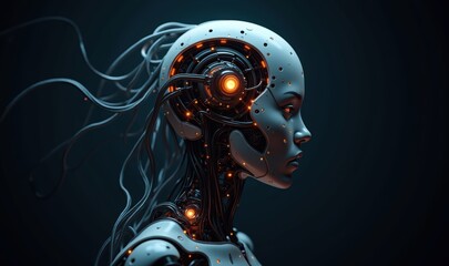 **Description**: A futuristic robotic head showcasing advanced technology and intricate design, perfect for concepts related to AI, innovation, and digital transformation.