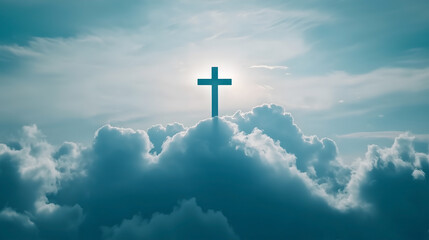 A glowing cross emerges from soft clouds under a radiant sky, symbolizing resurrection and faith