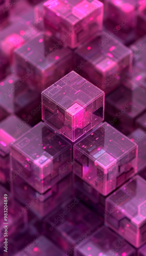 Poster vibrant pink cubes are intricately stacked, featuring glowing patterns that create a captivating dig