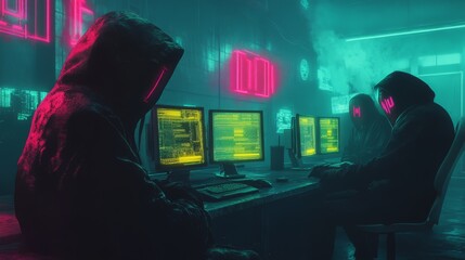Mysterious Hackers Working in Neon-Lit Environment