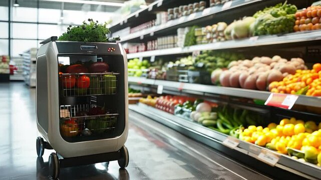 A self-driving grocery cart navigates through aisles, filled with various fresh fruits and vegetables in a vibrant supermarket.
