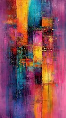 Fototapeta premium An abstract painting with vivid hues on a pink and yellow canvas, featuring squares of diverse sizes and tones appearing to have been painted with various shades of pink, blue, yellow,