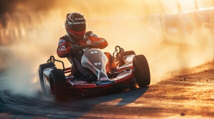 Dynamic Go-Kart Racing at Sunset with Dust Clouds and Speed Action
