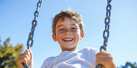 A joyful boy enjoys a swing under the clear blue sky, gripping chains while laughing brightly in the sunlight.