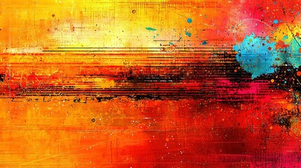 Fototapeta premium An abstract painting with vibrant splatters of yellow, red, and blue on a black-white backdrop