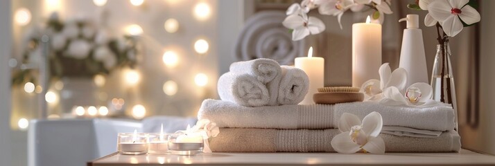 photo of a luxurious white spa bathroom featuring towels, candles, and a massage setup
