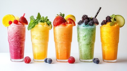 A vibrant assortment of fruit smoothies in various colors