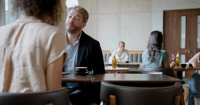 Mature Male Manager having Job interview in Cafe Restaurant with Handshake