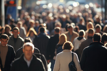 A crowded outdoor scene depicting many people in a city setting, conveying a sense of frustration and economic hardship due to unemployment and recession
