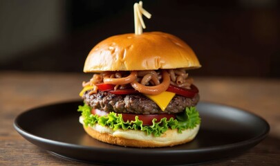 Delicious gourmet hamburger topped with cheddar cheese, fresh lettuce, and grilled onions, perfect for menus, food blogs, or marketing materials in the restaurant industry.