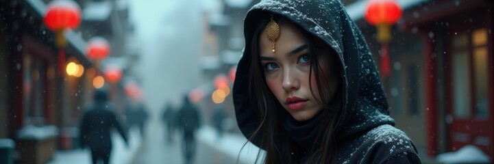 Obraz premium A mysterious woman in a hooded cloak stands in a snowy street adorned with lanterns, evoking a sense of intrigue and winter beauty.