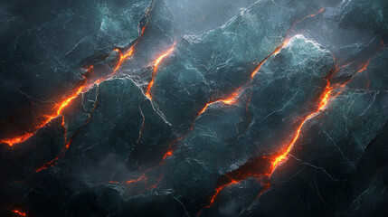 Molten lava erupts through cracks in dark rock.