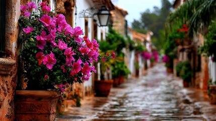  A cobblestone road lined with flower pots and a lampside