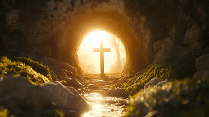 The radiant moment of Jesus' resurrection at the empty tomb during dawn light