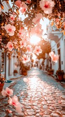 Fototapeta premium Pink flowers line a cobblestone path beneath shining tree canopies