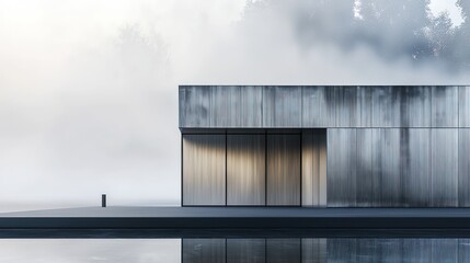 Obraz premium A modernist pavilion with facades made entirely of matte aluminum siding, set against a backdrop of dense fog, highlighting its smooth texture and color