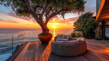 Obraz premium Serene Sunset Views from Coastal Deck with Tree