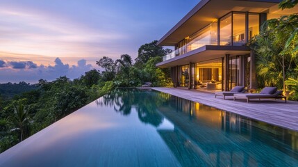 Obraz premium Modern Tropical Villa with Infinity Pool at Sunset