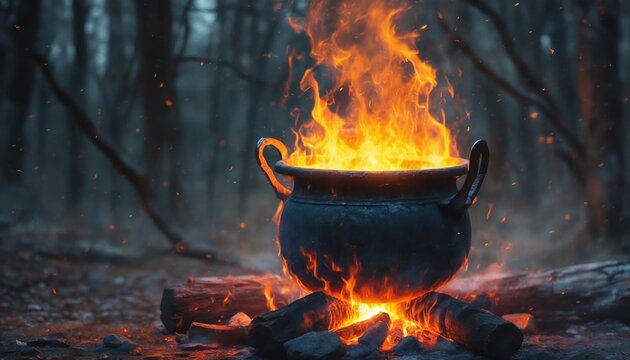 A mystical cauldron bubbling over a roaring fire in a foggy forest under the dim light of twilight hours