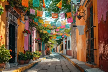 Fototapeta premium Colorful Mexican Street with Festive Paper Decorations and Vibrant Houses in the Bright Sunlight