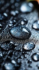   A macro shot of water beads on a metal surface with an apple in the foreground