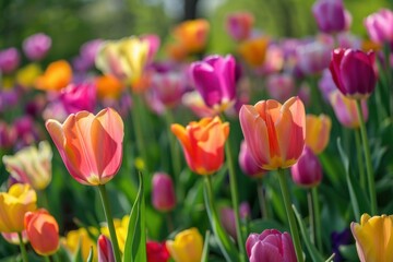 Obraz premium Orange tulip flower illuminated by the spring sun growing in a field full of colorful tulips