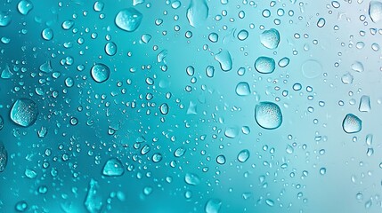   A close-up of water droplets against a blue and green backdrop, with a softly blurred window exterior in the distance
