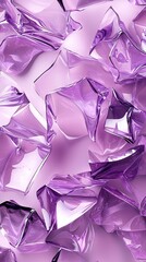  Close-up of purple glass shards on a pink surface with a light reflection in the center