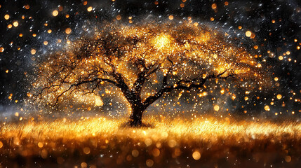   A tree in a field bathed in lights amidst snowy ground