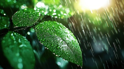   A close-up of a green leaf with water droplets and the sun shining behind the leaves