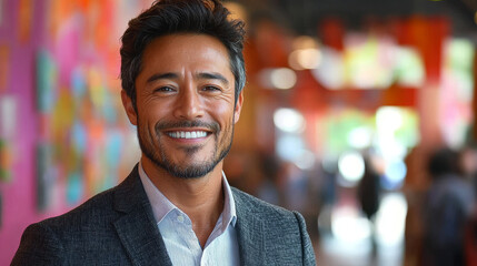 Fototapeta premium Smiling man in a suit, with a blurred background.