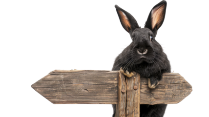 Rabbit with wooden sign, white isolate background