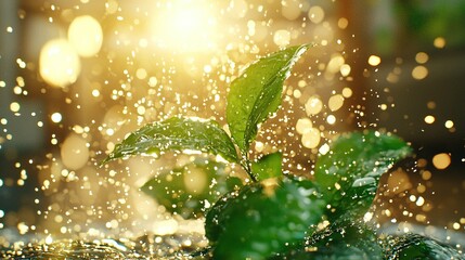   A plant emerges from water, thriving under the sun's rays