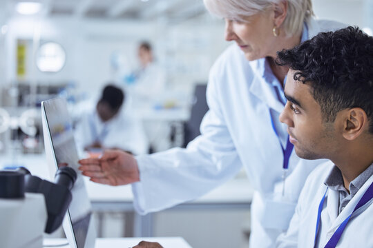Computer, mentor and help of scientist, lab and medical research on app, mature woman and healthcare. Clinic, pointing and advice for analysis, report and solution for mpox, talking and planning