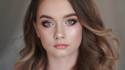 Fototapeta premium Attractive young woman with long blond hair and professional makeup looking forward