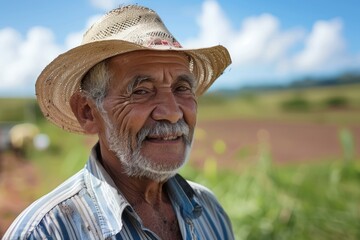Fototapeta premium Senior farmer is smiling while standing in his field on a sunny day