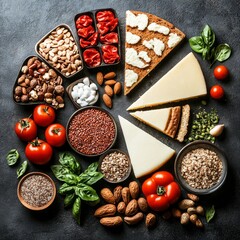 Ingredients for balanced diet, healthy nutrition meal plan with nutrient variety on dark background