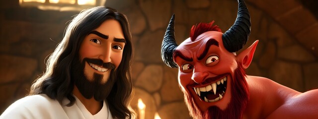 Jesus and the Devil, cartoon style