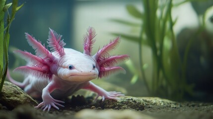 Obraz premium Axolotl with Pink Gills in an Aquarium