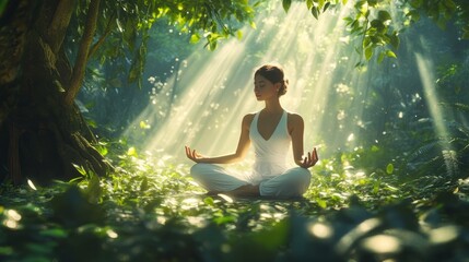 Serene Meditation in Lush Green Forest with Sunlight