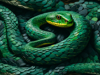 Fototapeta premium Wooden Green Snake. Abstract green background from snake body