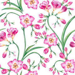 Obraz premium Watercolor seamless pattern with twigs of freesia flower. Freesias pattern. Freesia flowers hand drawn on a white background for the design of textiles, fabrics