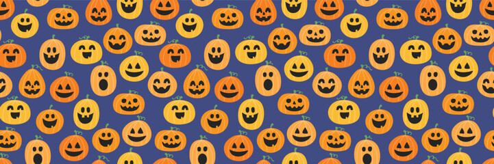 Halloween background. Seamless texture with cute pumpkins. Banner. Vector illustration