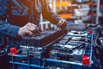 A mechanic is working on a car battery, generative ai image