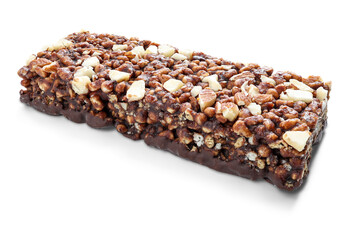 Chocolate protein bars with nuts, cereal and granola isolated on transparent background, high protein sports nutrition