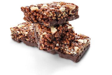Chocolate protein bars with nuts, cereal and granola isolated on transparent background, high...