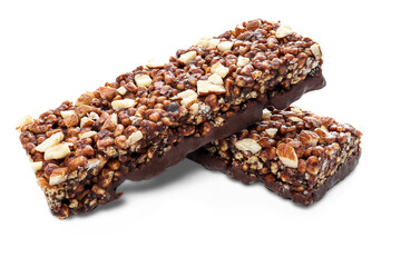 Chocolate protein bars with nuts, cereal and granola isolated on transparent background, high protein sports nutrition